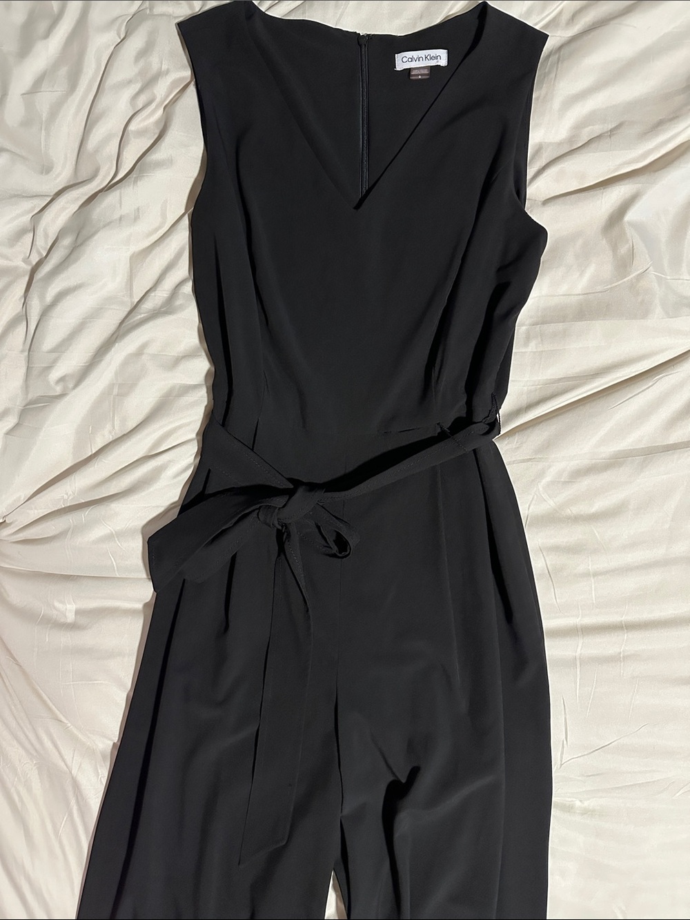 Calvin Klein Black V-Neck Tie-Waist Long Jumpsuit